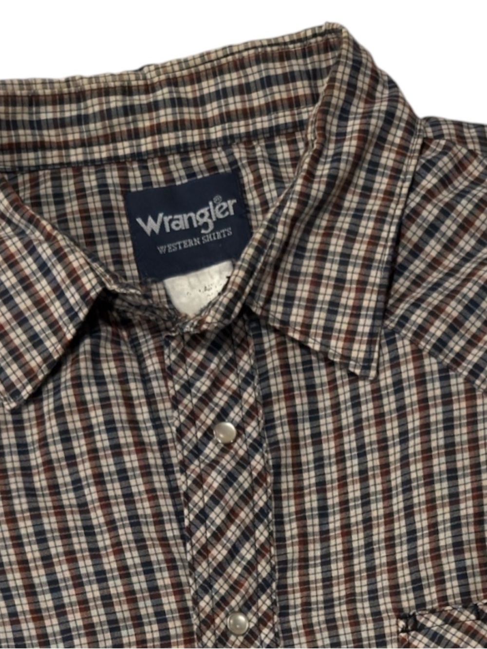 Wrangler Western Shirt  Mens Plaid Short Sleeve Button-Up Brown Navy 2XL Raw Hem
